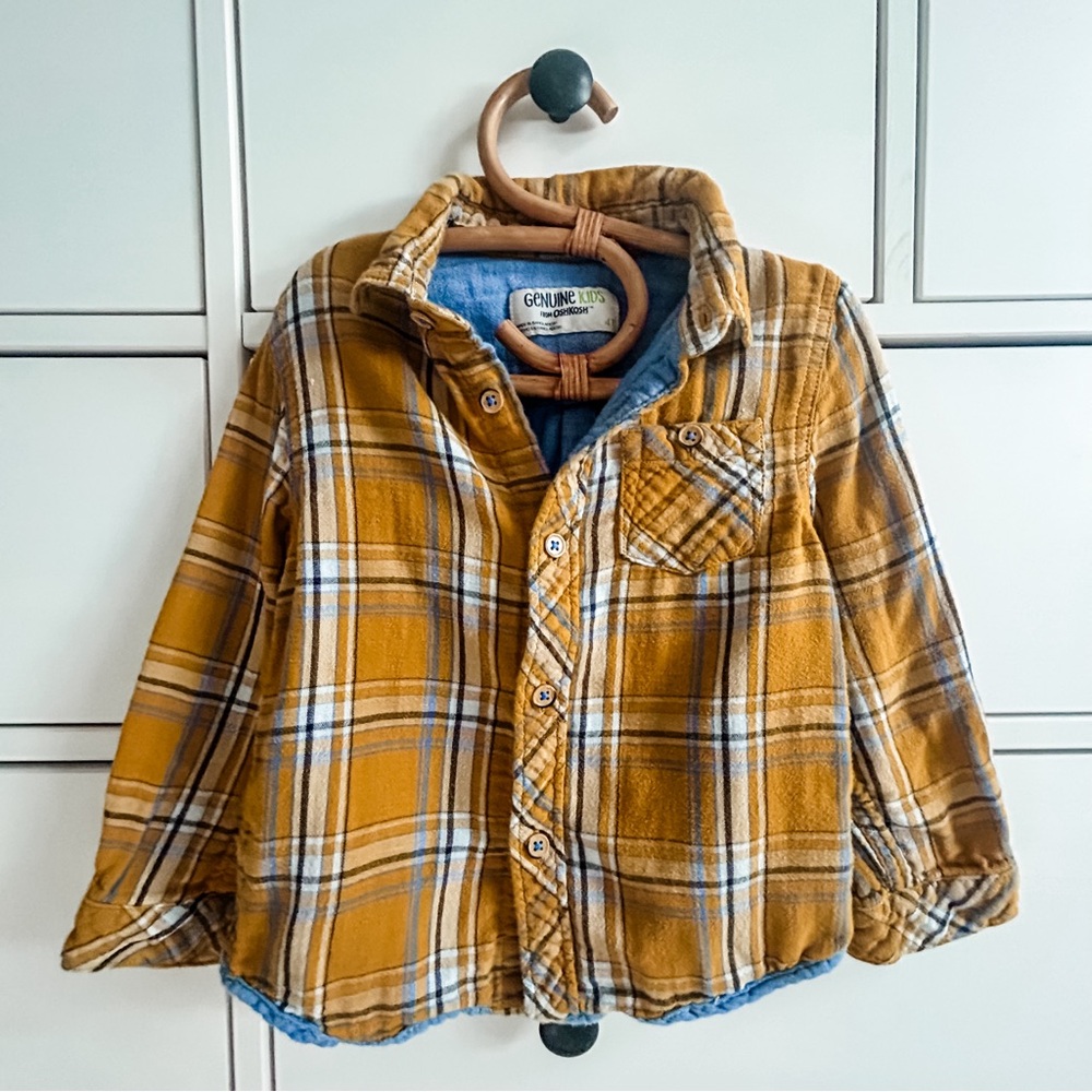 3T Oshkosh button down yellow and blue flannel shirt, lined with denim